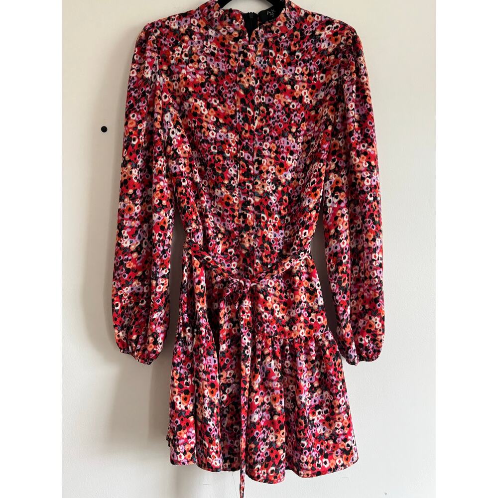 AX Paris Women’s Floral Long Sleeve Mini Dress Size‎ 14 Red Pink Ruffle Hem
